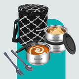 Steel Lunch Box- Set of 3, with Bag- Black