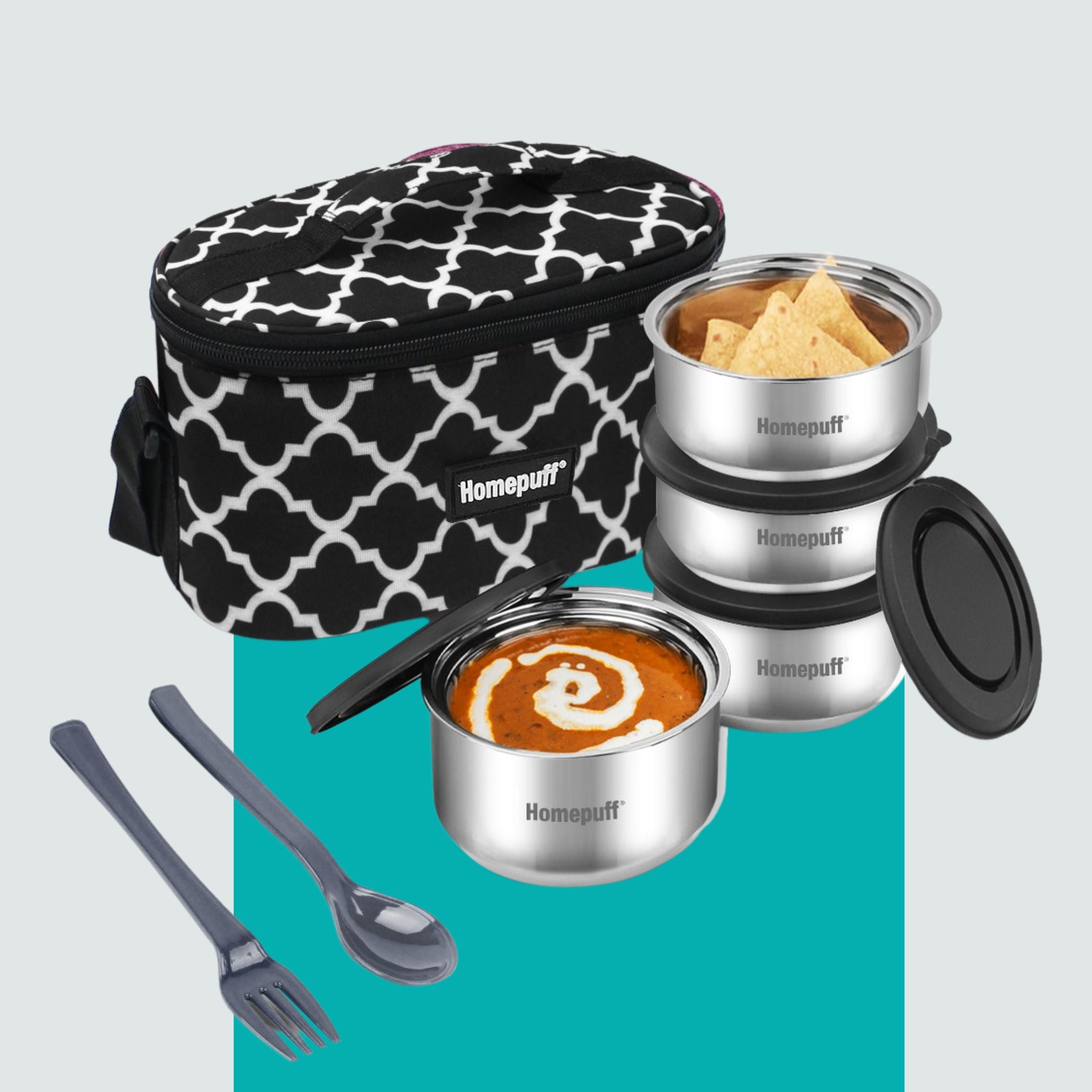 Steel Lunch Box- Set of 4, with Bag- Black