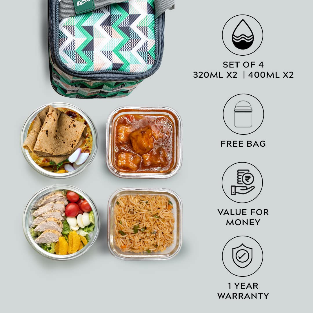 Glass Lunch Box- Set of 4 - SQUARE (320ML*2) + ROUND (400ML*2)
