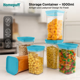 Homepuff storage containers with blue lids filled with various food items on a kitchen counter.
