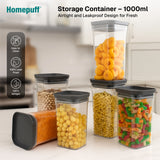 Homepuff storage containers with food items on a kitchen counter, featuring a clear container with black lid.