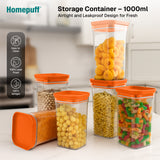 HomePuff 6-pack airtight plastic food storage jars (1100 ml total) , BPA-free, stackable and dishwasher safe. Essential pantry jars for grains, pulses, cereals, sugar and dry fruits.