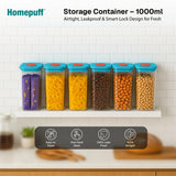 Homepuff storage containers with colorful lids on a kitchen shelf.