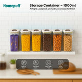 Set of Homepuff storage containers with food items on a kitchen counter.