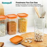 Homepuff food storage containers with orange lids on a kitchen counter.