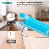 Blue lid with text highlighting features on a blurred kitchen background, featuring the Homepuff brand.