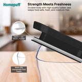Homepuff product with text about durability and freshness, shown on a blurred kitchen background.