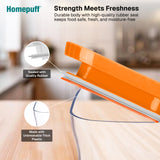 Orange food storage container with text highlighting features on a blurred kitchen background