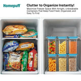Homepuff freezer organization system with labeled containers and text highlighting benefits.