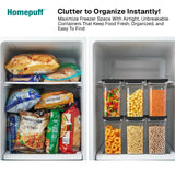 Homepuff freezer organization system with labeled containers and text highlighting benefits.