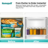 Before and after comparison of a freezer with Homepuff containers.
