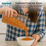 Person pouring snacks from a clear container into a bowl, with Homepuff branding and product description text.