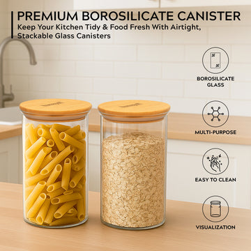 Borosilicate Glass Food Jar Set of with Bamboo Lids – Airtight Pantry  Canisters 750ml