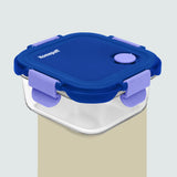 HomePuff borosilicate glass lunch box 320ml with airtight snap lock lid and air vent - blue