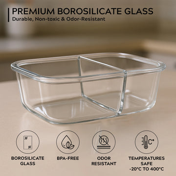 Borosilicate Glass Lunch Box 965ml Airtight Leak-Proof Bento Tiffin with Compartments