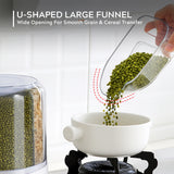 U-shaped large funnel transferring grains from a container into a bowl with text on a white background