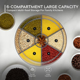 6-compartment food storage organizer with labeled sections filled with various grains and seeds on a neutral background.