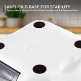 White appliance with black circular features on a kitchen counter, emphasizing anti-skid base for stability.