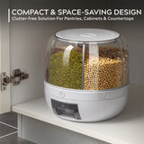 Compact food storage container with compartments on a kitchen shelf, labeled 'Compact & Space-Saving Design'.