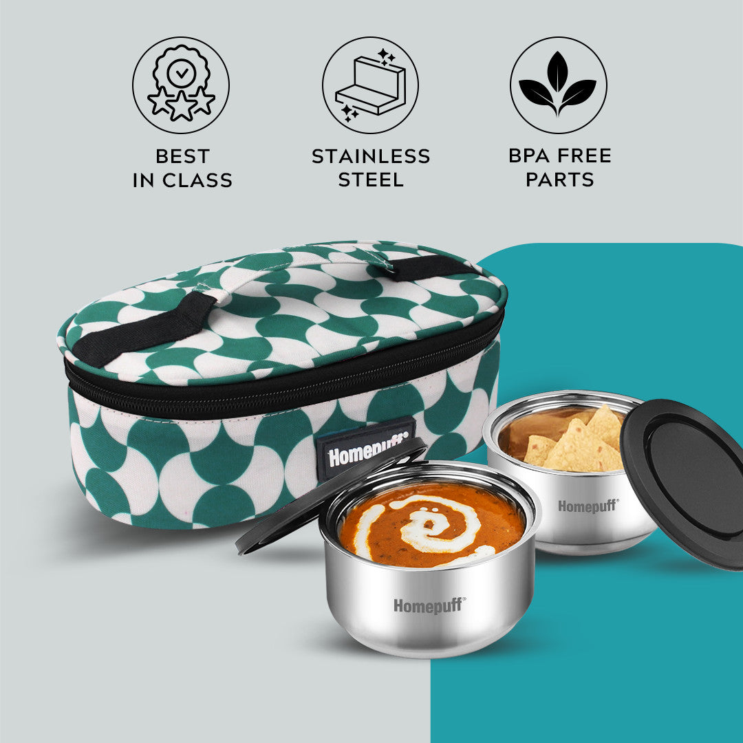Steel Lunch Box- Set of 2, with Bag- Teal