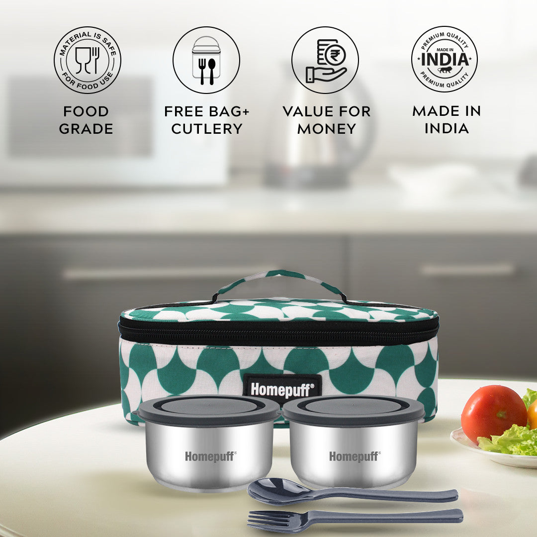 Steel Lunch Box- Set of 2, with Bag- Teal