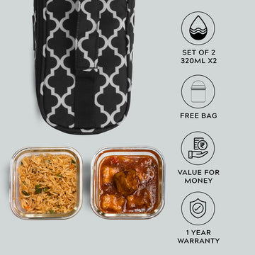 Glass Lunch Box- Set of 2- SQUARE - 320 ML (Black)