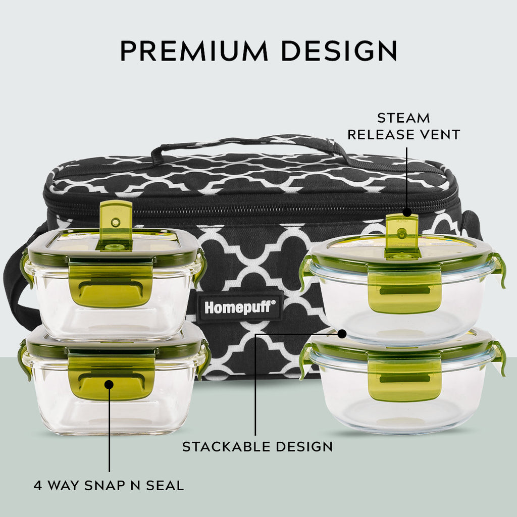 Glass Lunch Box- Set of 4 - SQUARE (320ML*2) + ROUND (400ML*2)- Black
