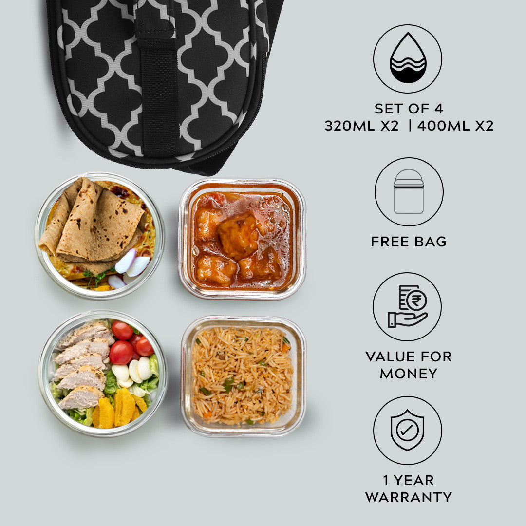 Glass Lunch Box- Set of 4 - SQUARE - 320 ML