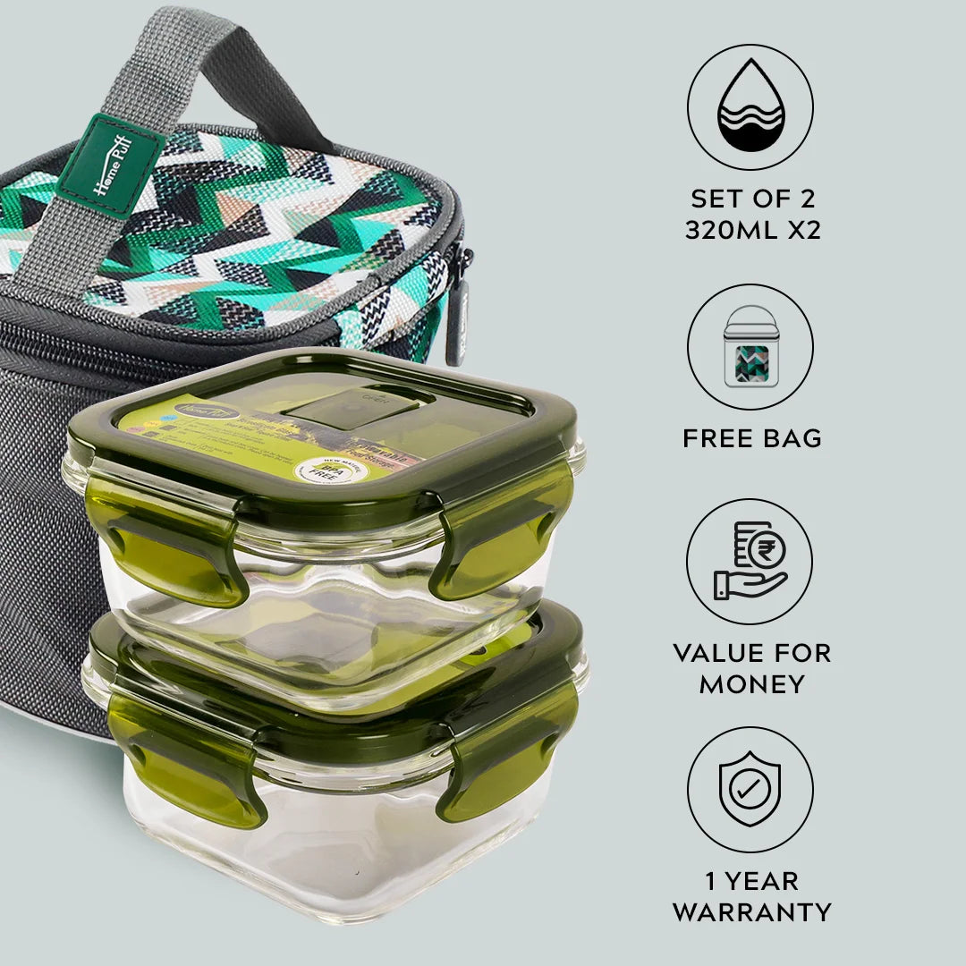 GREEN KIVVI Borosilicate Glass Lunch Box 1 Liter 2 Partition Glass  Lunch Box Container with Plastic Lid Reusable for Office Workers 4  Containers Lunch Box 