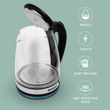 1.8L Electric High Borosilicate Glass Kettle 1500W Fast Boiling Hot Water  Heater